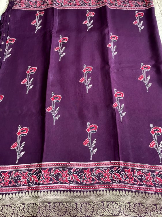 Brown Rose Ajrakh Handblock Dola Silk Saree