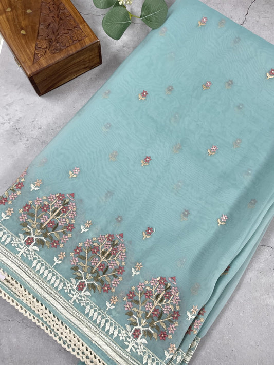 Blue Floral Embroidered Soft Organza Saree.