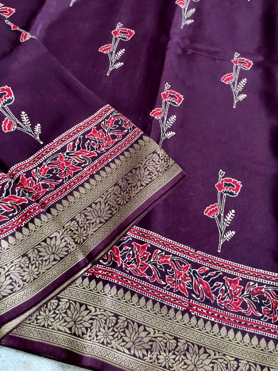Brown Rose Ajrakh Handblock Dola Silk Saree