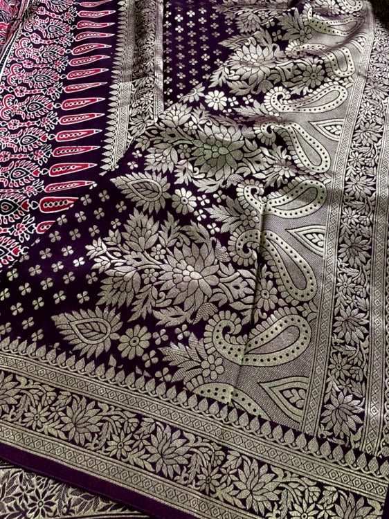 Brown Rose Ajrakh Handblock Dola Silk Saree