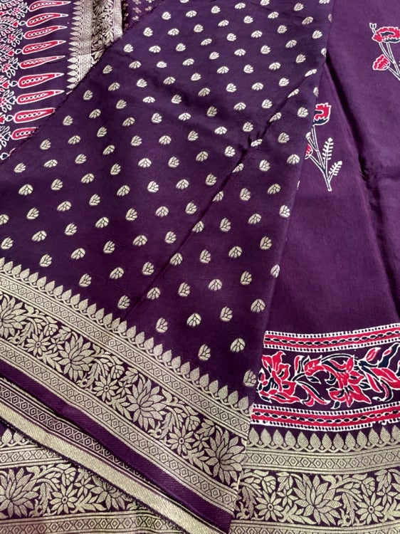 Brown Rose Ajrakh Handblock Dola Silk Saree