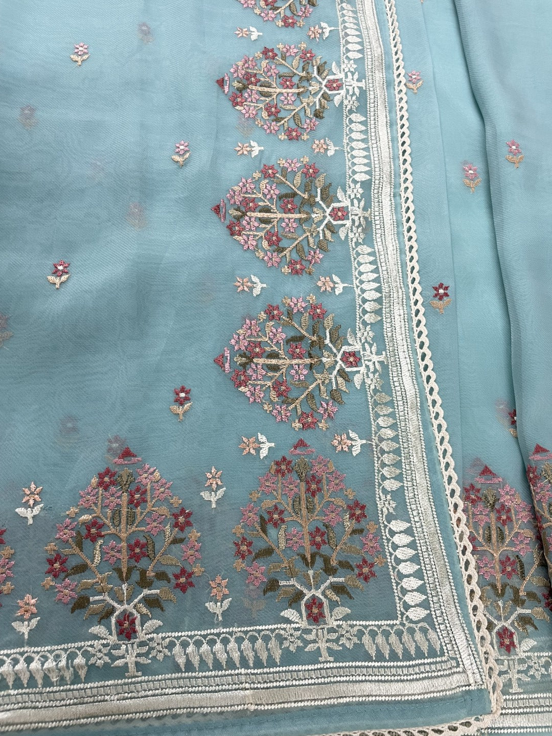 Blue Floral Embroidered Soft Organza Saree.