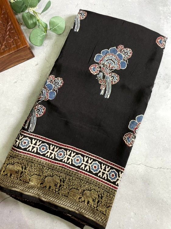 Black Flower Ajrakh Handblock Dola Silk Saree