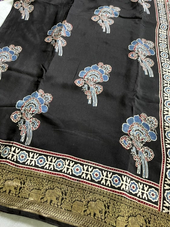 Black Flower Ajrakh Handblock Dola Silk Saree