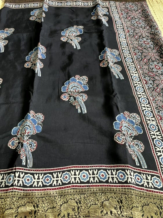 Black Flower Ajrakh Handblock Dola Silk Saree