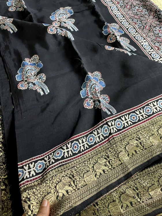 Black Flower Ajrakh Handblock Dola Silk Saree