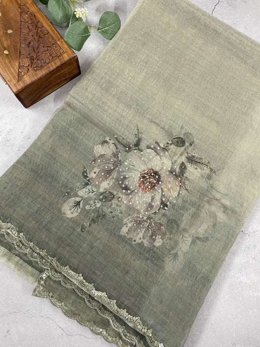 Grey Printed Scallop Work Crushed Tissue Saree