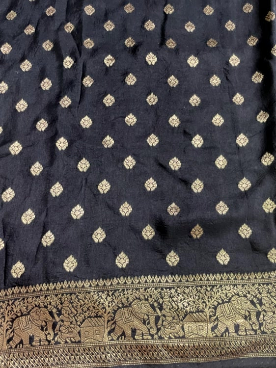 Black Flower Ajrakh Handblock Dola Silk Saree