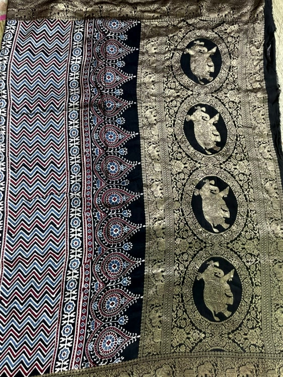 Black Flower Ajrakh Handblock Dola Silk Saree
