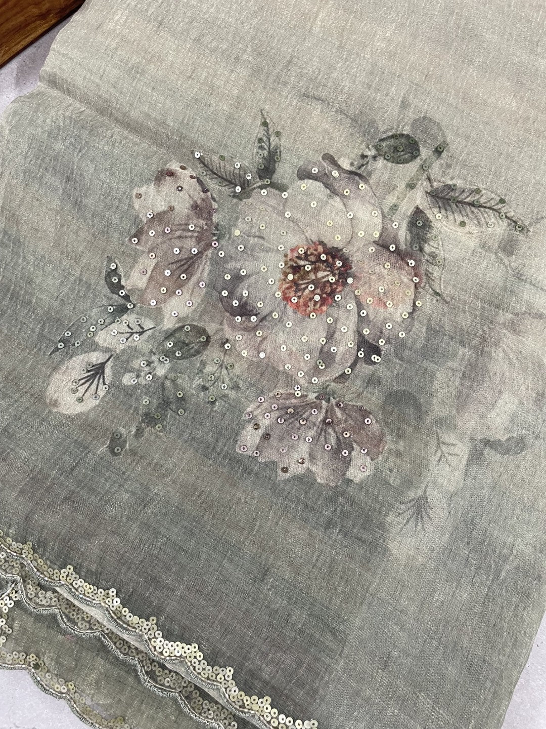 Grey Printed Scallop Work Crushed Tissue Saree