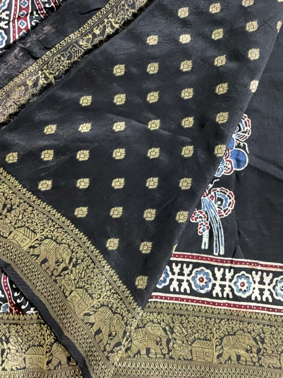 Black Flower Ajrakh Handblock Dola Silk Saree