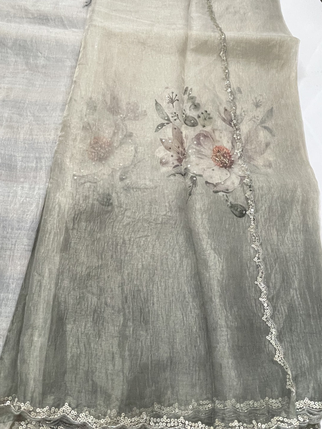 Grey Printed Scallop Work Crushed Tissue Saree