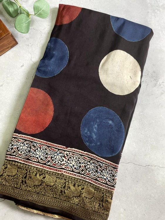 Black Polka Ajrakh Handblock Dola Silk Saree