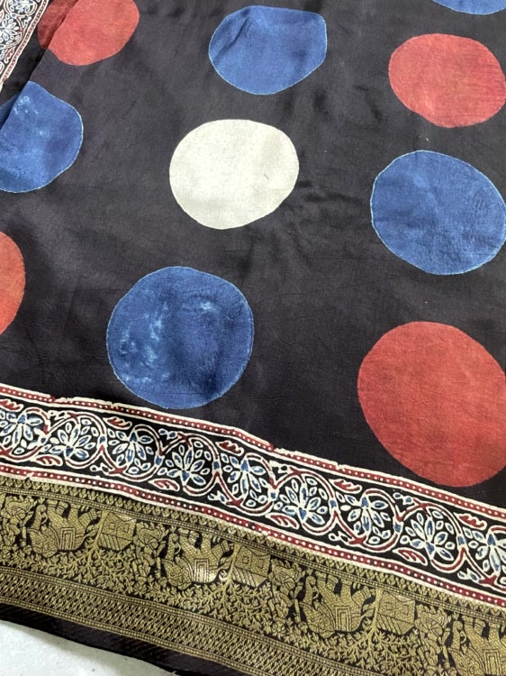Black Polka Ajrakh Handblock Dola Silk Saree