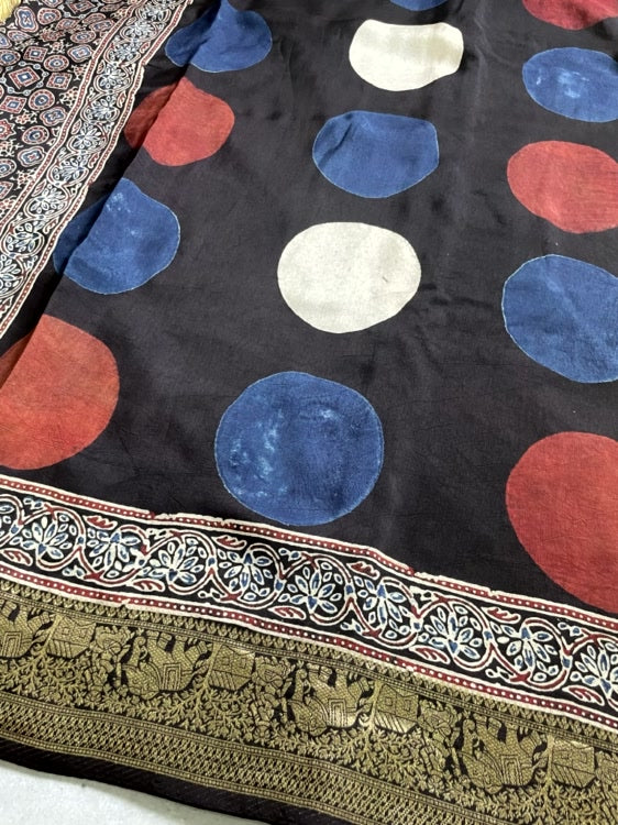 Black Polka Ajrakh Handblock Dola Silk Saree