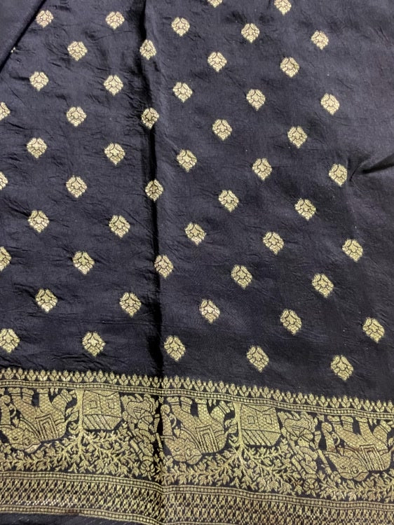 Black Polka Ajrakh Handblock Dola Silk Saree