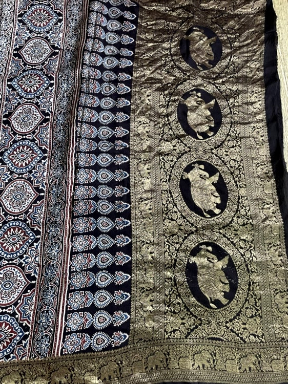 Black Polka Ajrakh Handblock Dola Silk Saree