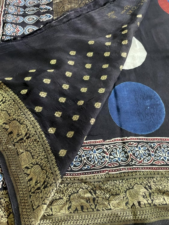 Black Polka Ajrakh Handblock Dola Silk Saree
