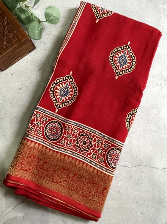 Red Badam Ajrakh Handblock Dola Silk Saree