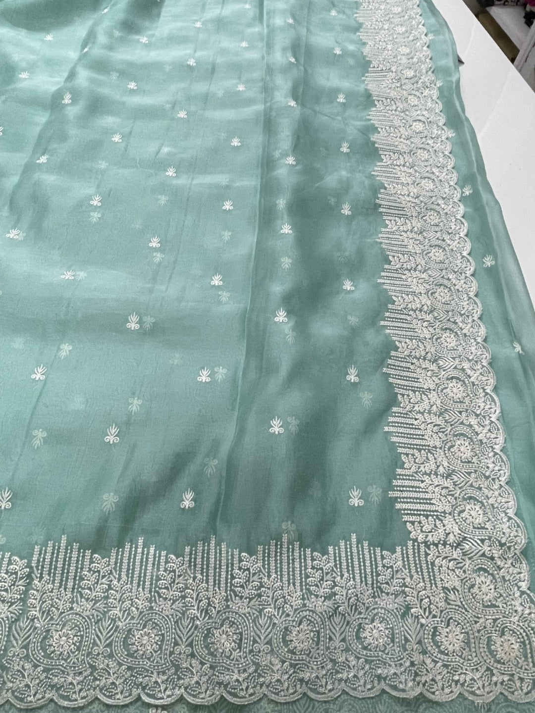 Blue Embroidered Organza Saree