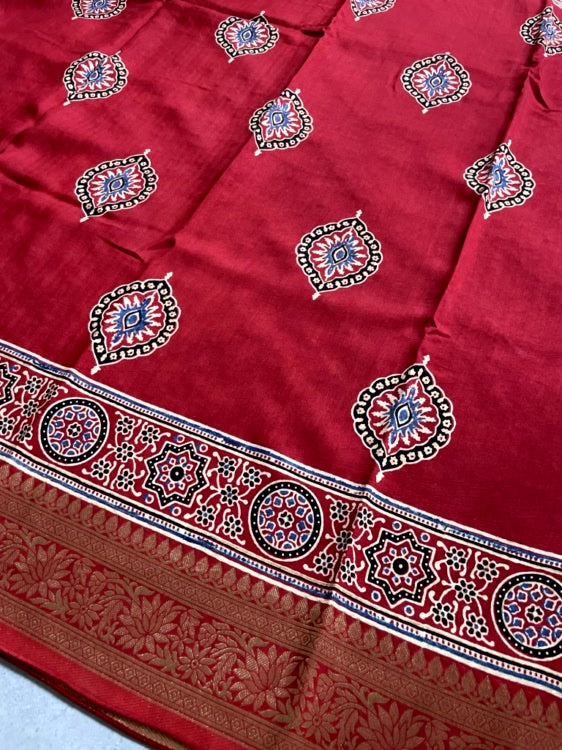 Red Badam Ajrakh Handblock Dola Silk Saree