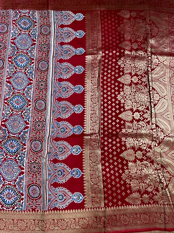 Red Badam Ajrakh Handblock Dola Silk Saree