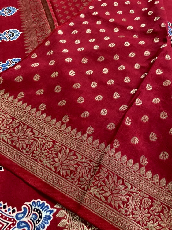 Red Badam Ajrakh Handblock Dola Silk Saree