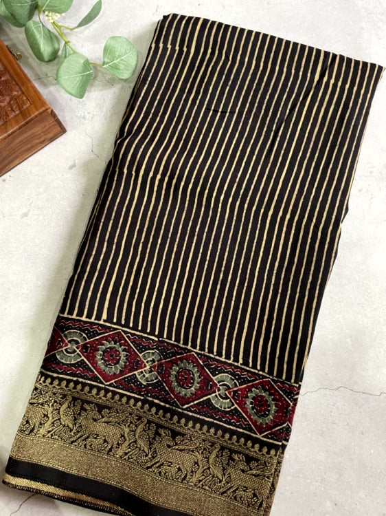 Black Stripe Ajrakh Handblock Dola Silk Saree