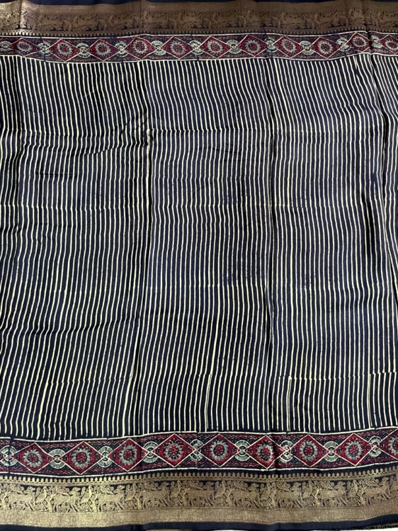 Black Stripe Ajrakh Handblock Dola Silk Saree