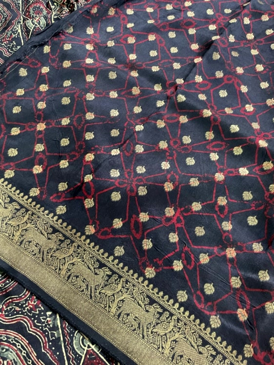 Black Stripe Ajrakh Handblock Dola Silk Saree