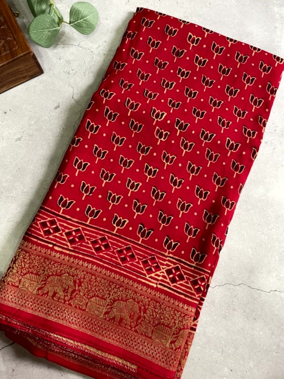 Red Lotus Ajrakh Handblock Dola Silk Saree