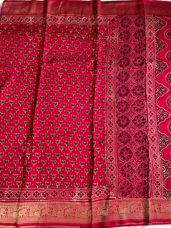 Red Lotus Ajrakh Handblock Dola Silk Saree