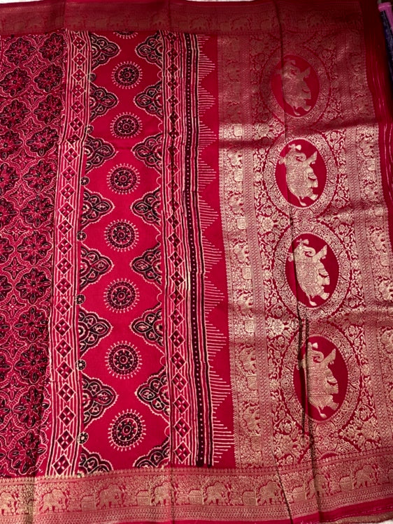 Red Lotus Ajrakh Handblock Dola Silk Saree