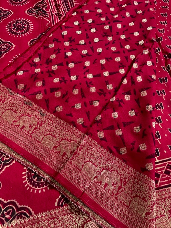 Red Lotus Ajrakh Handblock Dola Silk Saree