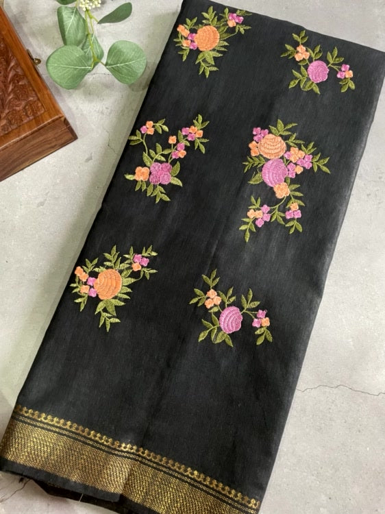 Black Embroidery Cotton Saree