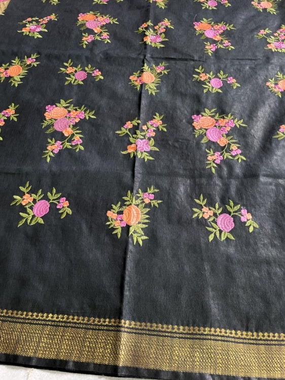 Black Embroidery Cotton Saree