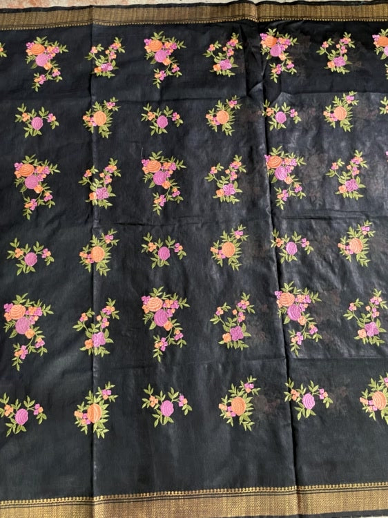 Black Embroidery Cotton Saree