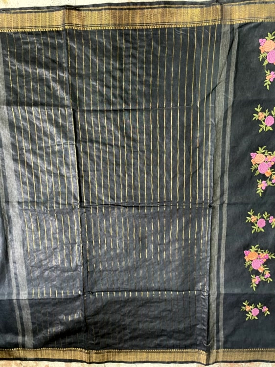 Black Embroidery Cotton Saree