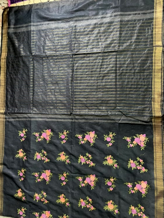 Black Embroidery Cotton Saree