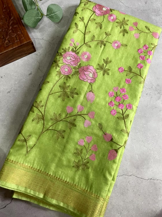 Green Embroidery Cotton Saree