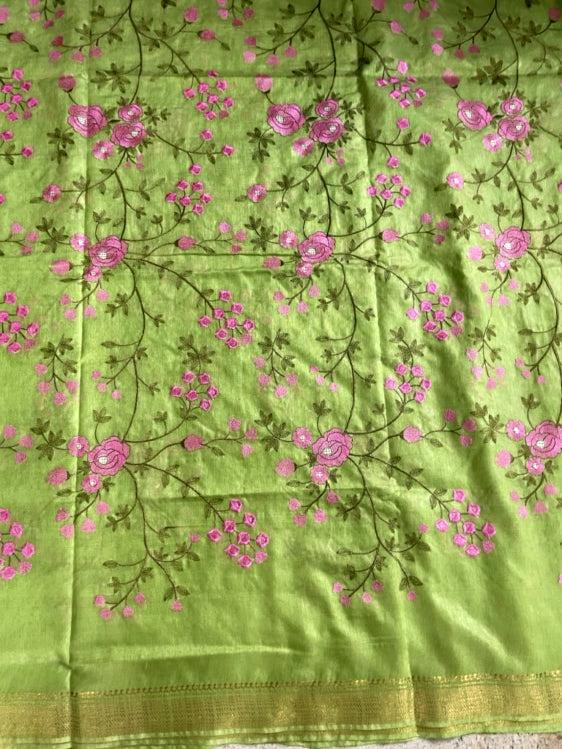 Green Embroidery Cotton Saree