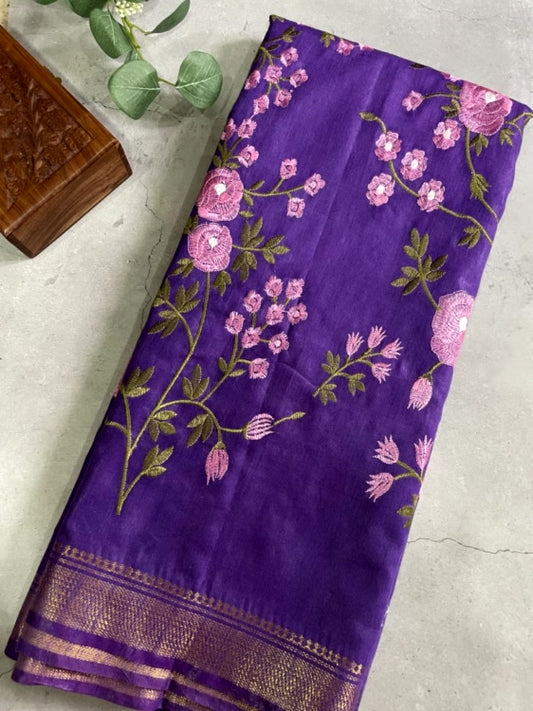 Purple Embroidery Cotton Saree