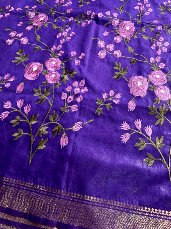 Purple Embroidery Cotton Saree