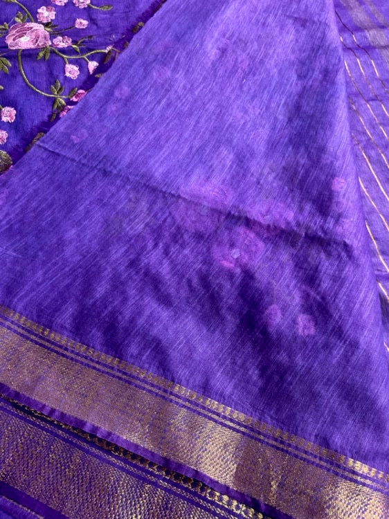 Purple Embroidery Cotton Saree