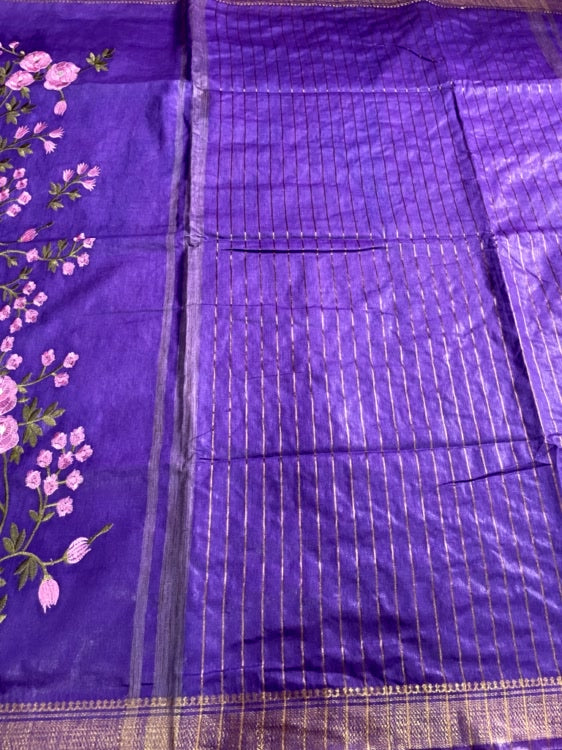Purple Embroidery Cotton Saree