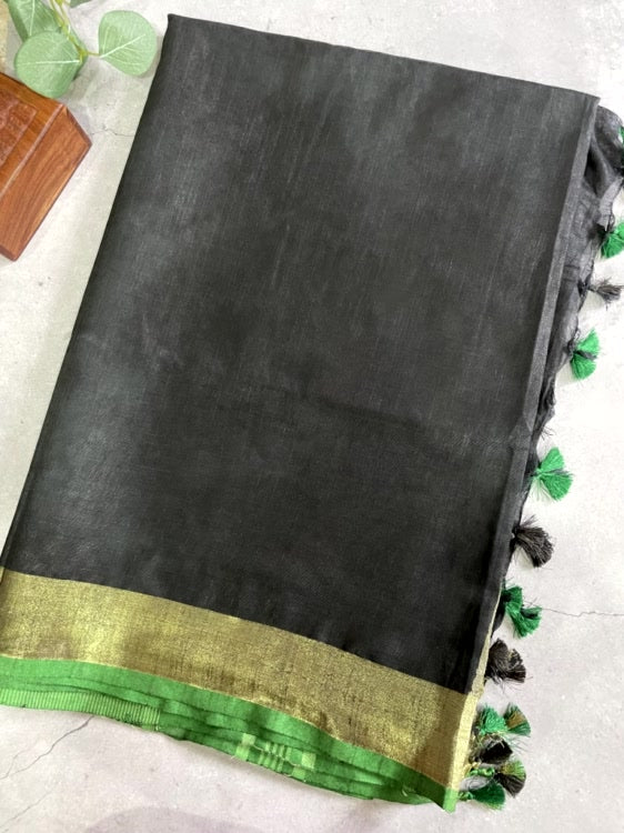 Black N Green Semi Linen Saree