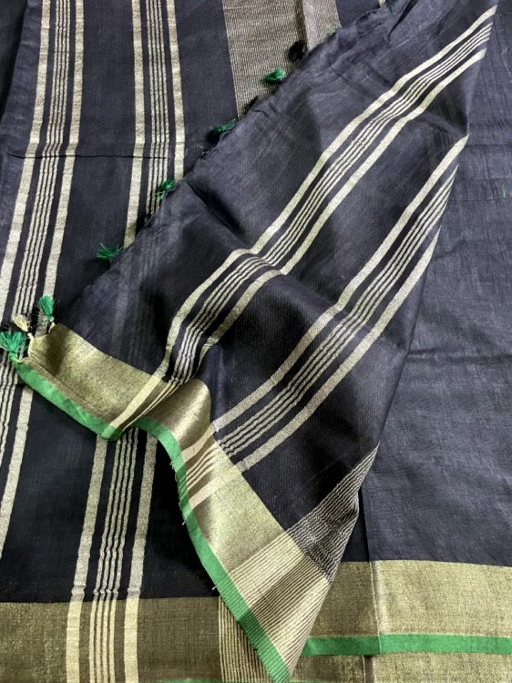 Black N Green Semi Linen Saree