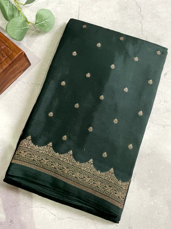 Bottle Green Scallop Pure Crepe Chiffon Silk Saree