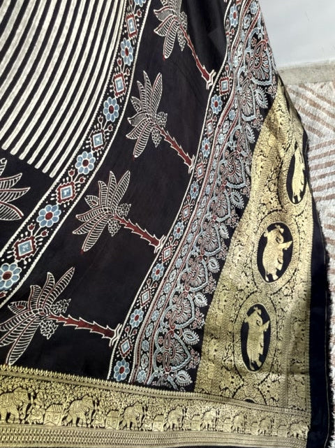 Black Tree Ajrakh Handblock Dola Silk Saree