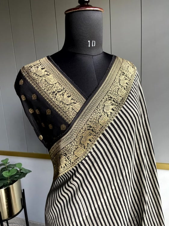 Black Tree Ajrakh Handblock Dola Silk Saree